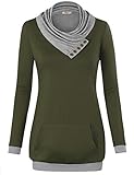 Timeson Fashion Tops for women, Long Sleeve Button Cowl Neck Pullover Kangaroo Pocket Knitted Sweatshirt Olive XXL