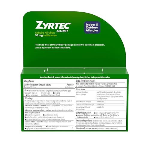 Zyrtec 24 Hour Allergy Relief Tablets, Indoor & Outdoor Anti Allergy Medicine with 10 mg Cetirizine HCl per Antihistamine Tablet, Relief from Runny Nose, Sneezing, Itchy Eyes & More, 30 ct