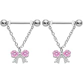 Niaspi 14G Pink Flower Bowknot Dangle Nipple Rings for Women Stainless Steel Chains Dangle Nipplerings Nipple Shields Straight Barbell Cute Nipple Piercing Jewelry