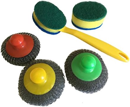 Heavy Duty Scratch Free Scrubbing Pad on Handle with Refill Bundle with 3 Pack Stainless Scouring Scrubbers with Handle