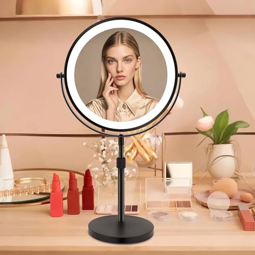 MEKOTRIN Makeup Mirror with Lights, Magnifying Mirror 10x 360° Rotation with 3 Coloured Lights Adjustable Brightness, Double-Sided Makeup Mirror for Personal Care and Makeup