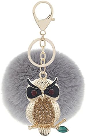 Women Crystal Rhinestone Keychain Owl Faux Rabbit Fur Pom Pom Rinestone Bag Car Charm Key Ring Pendant (C1)