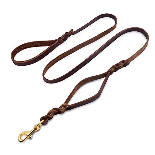 Wellbro Double handle Leather Dog Leash, 6 Foot Braided Dog Training Leash, Soft and Deluxe Pet Walking Lead with Copper Hook, For Safe Control of Medium/Large Dogs, Brown