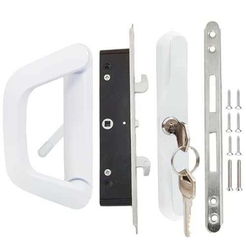 Photo 1 of Augenweide Sliding Patio Door Handle Set with Mortise Lock, Key Cylinder and Keeper, 4-15/16" Hole Spacing, Suitable for Sliding Glass Patio Door Thickness from 1.5" to 2" (White)