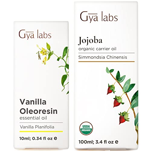 Vanilla Essential Oil for Skin (0.34 fl oz) & Jojoba Oil for Hair (3.4 fl oz) Set - Aromatherapy Grade Essential Oils Set - Gya Labs
