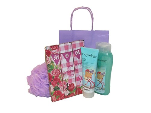 Moms Birthday Mothers Day Gift Set Includes Touching Moms Plaque Bodycology Bath Wash & Moisturizing BodyCream Bath Poof and Gift Bag