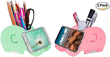 BumBiBomBi Cell Phone Stand, Cute Elephant iPhone Stand Tablet Desk Bracket with Pen Pencil Holder for Tablet Nintendo Switch iPad, Smartphone iPhone, 2- PACK (Pink and Green)