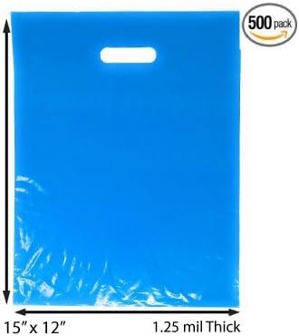 500 Pack 12" x 15" with 1.25 mil Thick Blue Merchandise Plastic Glossy Retail Bags | Die Cut Handles | Perfect for Shopping, Party Favors, Birthdays, Children Parties | Color Blue | 100% Recyclable