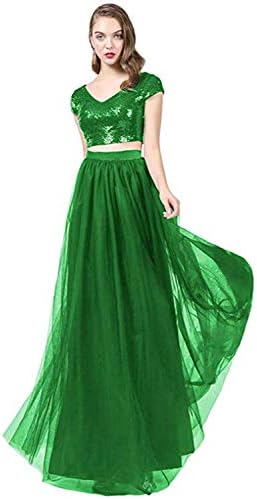 CIRCLEWLD Short/Long Two Piece Bridesmaid Dresses with Sleeves Sequins Top Tulle Skirt Plus Size Prom Gown B76