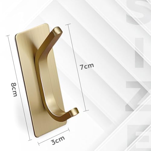 AMROAH 4pcs Stainless Steel Adhesive Hooks Wall Mounted, Heavy Duty Storage Wall Mount Hooks for Hanging Coat Clothes Towels Hat Bags for Home Entryway Bathroom Bedroom Kitchen Living Room (Gold)