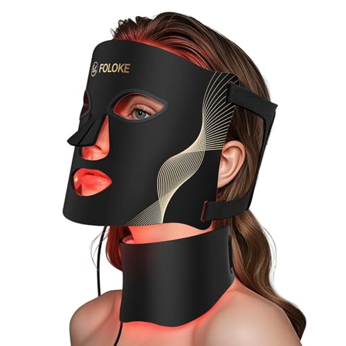 FOLOKE LED Light Therapy Mask Skin Care ， LEDs face mask & neck mask Red - Wavelength for Home Use, – Advanced Skincare Made Easy（Black）