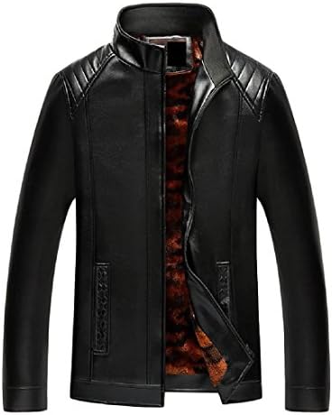 xiaokong Men Pure Color Leather Stand Collar Zip Thick PU Jakcet Outwear Black 2XL