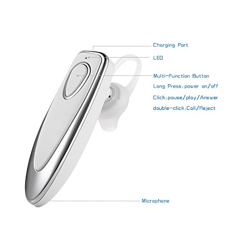 DISUNME Wireless Bluetooth Headset Built in Mic for all Bluetooth Smartphone and Can play 9 hours (White)