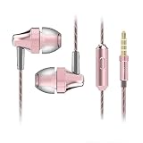 Headphones, Metal Earbuds Bass In Ear Earphones Stereo Cell Phone Headset with Microphone & Remote Control for Apple iPhone iPod iPad Samsung HTC LG Android Smartphones MP3 Plays (Pink)