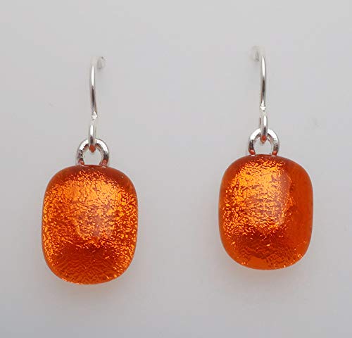 Petite bright tangerine orange fused dichroic glass drop earrings Sterling silver ear wires