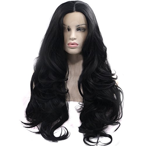 Ebingoo Body Wave Lace Front Wig Black Synthetic Hair Replacement Wigs for Women Half Hand Tied Heat Resistant #1b (24 inches)