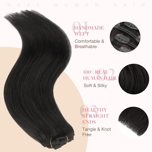 GOO GOO Clip in Hair Extensions, 50 cm 120 g 7 Pieces, 1B Natural Black, Clip in Human Hair, Remy Human Natural Clip in Hair Extensions
