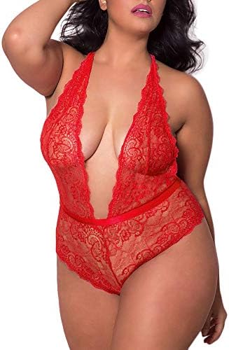 Women Plus Size Lace Teddy Sleepwear, Halter Plunging One Piece Lingerie Sleepwear
