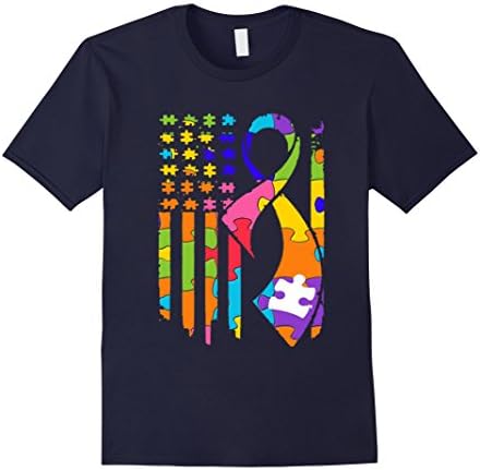 Mens Autism American Flag Puzzel Flag Ribbon awareness Tshirts 2XL Navy