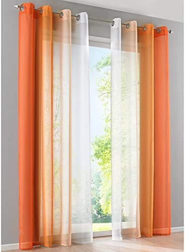 SIMPVALE 2 Panels Curtains Sheer - Solid Color Gradients - Transparent Voile Curtain with Eyelets - for Living Room Bedroom Balcony - Orange with White - White 140cm/Drop 265cm