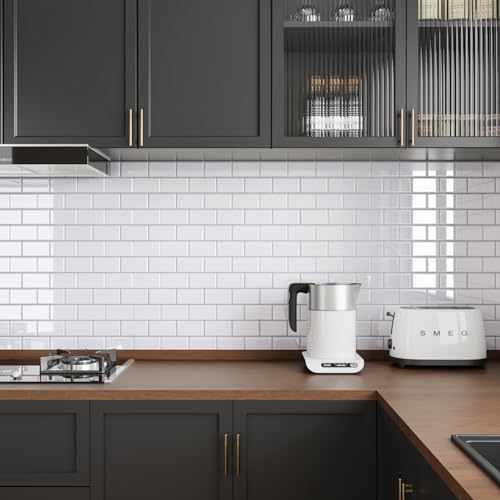 CRE8TIVE Peel and Stick Tile Backsplash 12x12 Inch - PU Gel Surface Ceramic Look Subway Tile, Self-Adhesive Removable PVC Tiles for Kitchen Backsplash, Bathroom, Laundry Room (4-Pack, Pure White)