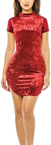 Dreamtravel Womens Short Sleeve Turtleneck Velvet Mini Bodycon Pencil Dress