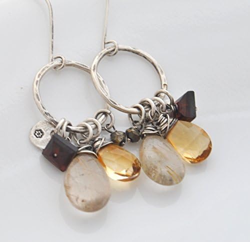 GATHER Earrings with Rutilated Quartz Citrine Garnet Pyrite on Sterling Silver