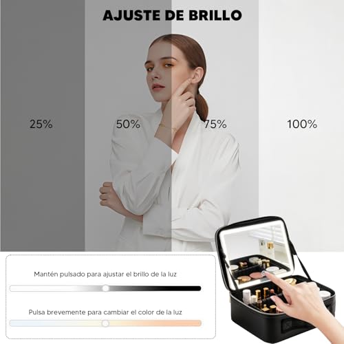 RAMSPIT Bolsa De Maquillaje Con Espejo y Led, Estuche De Maquillaje Con Lupa De 10X, Neceser Maquillaje, 3 Colores De Luz y Ajustes De Brillo, Compartimentos Ajustables DIY, Cosmetiquera De Viaje