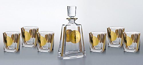 Spirits 7-pc Set of 28 Oz Bohemia Square Crystal Decanter with Vintage Gold Greek Key Pattern and 8 Oz Whisky Scotch Brandy Glasses