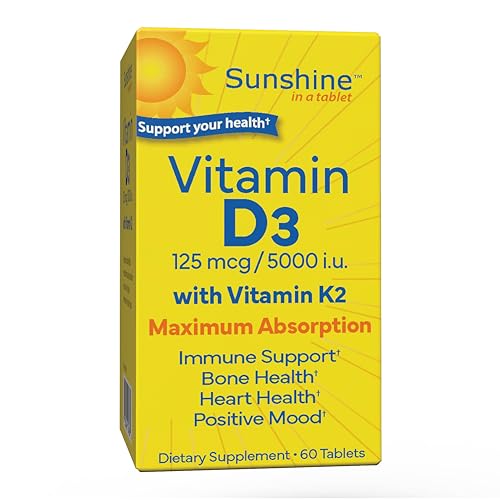 Sunshine Vitamin D3 with Vitamin K2, D3 5000 IU with K2 100 mcg for Healthy Mus…