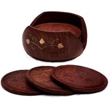 SouvNear SYNCHKG060789 Drink Handmade Retro Wood Set with 6 Round Table Coasters and Decorative Wooden Holder, one size, Brown