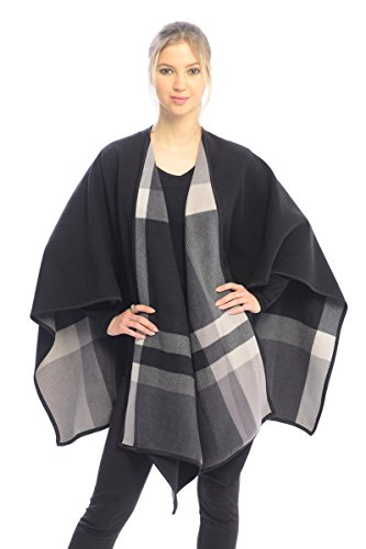 BYOS Women Winter Reversible Plaid Checked Houndstooth to Black Warm Fleece Open Front Poncho Ruana Wrap Cape (Gray Check) - Thumbnail 2
