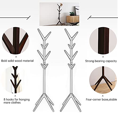Coat Rack,Robust and Stable Coat Hanger Stand with 8 Hooks and 4-Legged Base, Wooden Hanger Rack Used in Indoor Places Such as Bedrooms(Pine Wood, Coffee)