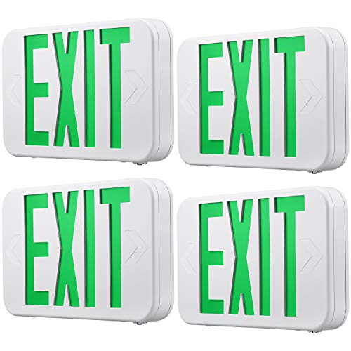 TORCHSTAR Green LED Exit Sign Emergency Light, Ceiling/Side/Back Mount, AC 120V/277V, Recharged Battery Included, Single/Double Face, UL-Listed, for Apartments, Hotels, Schools, Pack of 4