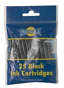 25 x Universal Jet Black Ink Cartridge Fountain Pen Standard Refills