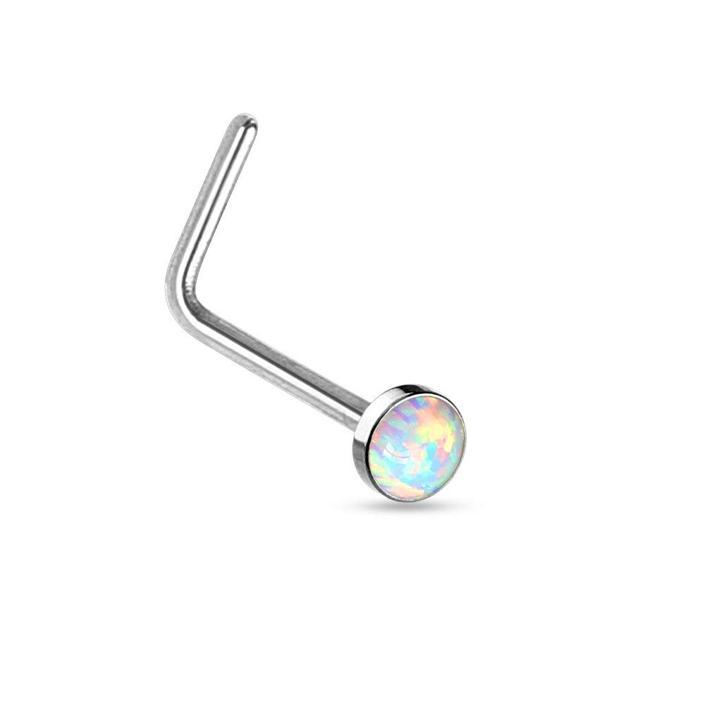 PiercedOff 316L Surgical Steel L Bend Nose Stud with White Synthetic Opal Head - Thickness 20GA (0.8mm) / Length 6mm / Opal Size 2.5mm
