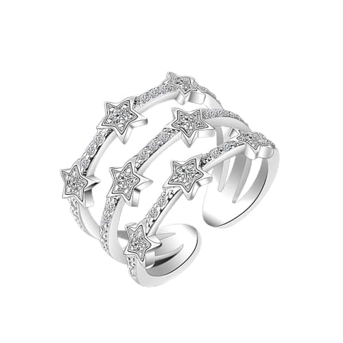 Dainty Stars Rings for Women Girls Sterling Silver Plated Cubic Zirconia Statement Eternity Promise Wedding Band Adjustable Open Finger Ring CZ Crystal Black Star Jewelry Gift Birthday (8 Stars)