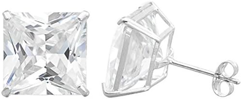 14K Solid White Gold Stud Earrings Basket Set Princess Clear CZ Push Back 4mm