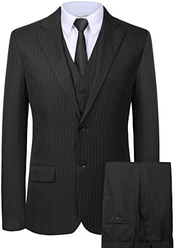 CMDC Men's 3 Pieces Business Suits Slim Fit Stripe Blazer Jacket Vest Pants Set SI137 (Black,48)
