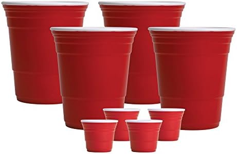 Red Cup Living Drinking Gifts Set - 32oz Beverage Cups/2oz Shooters - 4 Cups Each - Reusable, Plastic, FDA Approved