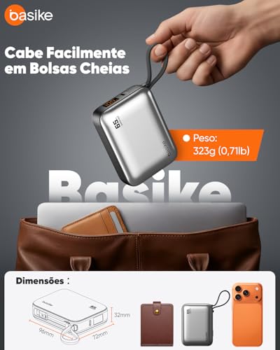 Basike Power Bank 65W, Carregador Portátil Universal 20000mAh (Prata) | USB-C + Cabo Type-C Integrado e Removível, Carregamento Rápido PD/PPS para Samsung Séries S26-S21 e iPhone Séries 17-14
