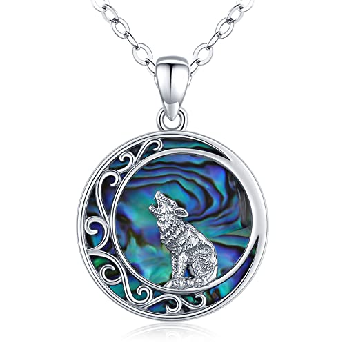 Eusense Wolf Necklace, Wolves Moon Pendant with Abalone Shell, Jewellery Gift for Women