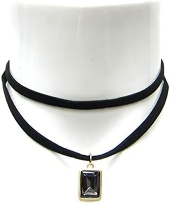 Fashion Womens Double Row Square Crystal Pendant Choker Necklace Black Hematite