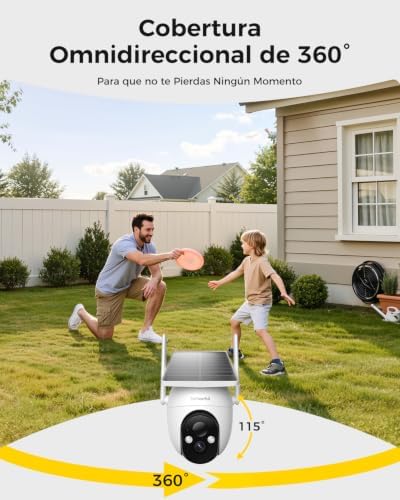 2K Cámara de Vigilancia WiFi Exterior Solar,360° PTZ,Sin Cables