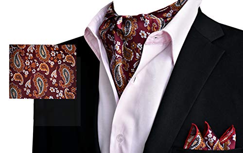 MOHSLEE Mens Red Floral Paisley Cravat Wedding Ascot Tie Scarf Pocket Square Set - Thumbnail 6