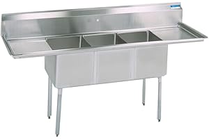 BK Resources NSF Commercial 3 Compartment Sink, 15" Drainboards, 15"x15"x14" Bowl Size, 18 Gauge T-304 Stainless Steel, 9" Backsplash, Rounded Edges, Galvanized Legs, Faucet Hole