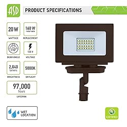 ASD 20W LED Flood Light Outdoor, 120V 2040 Lm 5000K