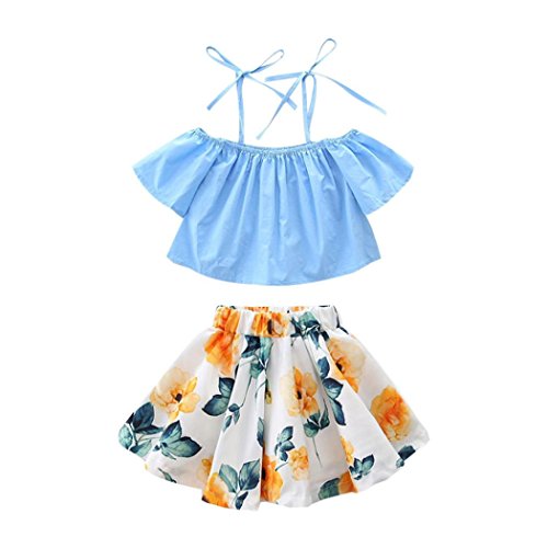 Little Girl Summer 2Pcs Outfits, Toddler Kids Baby Off Shoulder Tops + Floral Strap Skirt Dress Clothes Set (Blue, 3T)