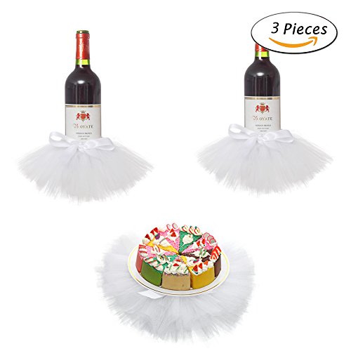 Haperlare 3pcs Elegant Red Wine Bottle Cover Tulle Wine Bottle Skirt for Wedding Party Baby Shower Christmas Birthday Cake Dessert Table Decorations,White