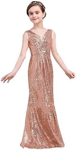 HEVECI Hengyud Golds Sequins V-Neck Pageant Dress Long Flower Girl Bridesmaid Prom Dress 77